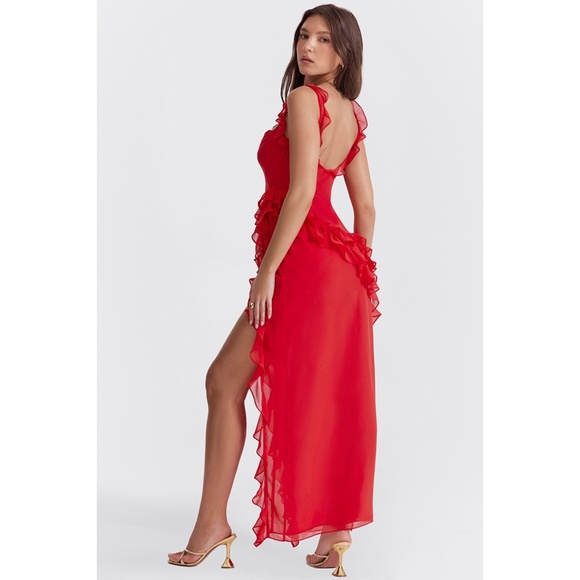 NEW House of CB Ariela Ruffle Maxi Dress Red Rose Cherry Medium - Picture 3 of 17